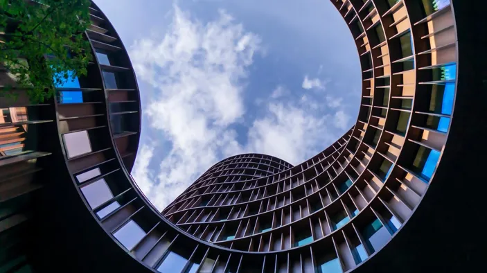 Copenhagen, Denmark; Septiembre 7 2019: Axel Towers - five circular towers are located near Central Station opposite Tivoli Gardens without right angles in Copenhagen.